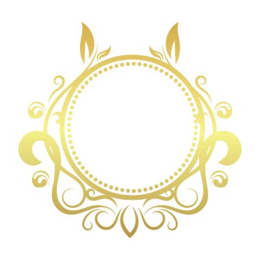 Beyaz arka planda izole edilmiş, altın bir gradyanı olan zarif dairesel bir çerçeve. Özellikleri girdap, filigran ve yaprak detaylarını süslüyor. Lüks markalaşma için ideal.