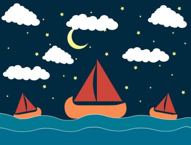 Huzurlu Gece Deniz Yolculuğu Tekneleri Yıldızlı Gökyüzü ve Hilal Ay Resimleri Altında