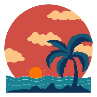 Tropik Günbatımı Sahnesi Palmiye Ağacı ve Okyanus Dalgaları