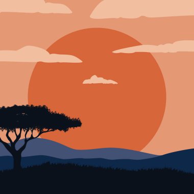 Siluet Ağacı ve Yuvarlanan Tepelerin Üzerindeki Bulutlu Afrika Günbatımı