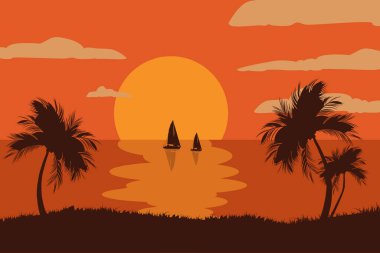 Yelkenli tekneler ve palmiye ağaçları silueti, turuncu gökyüzü ve doğa ile okyanusun üzerinde gün batımı