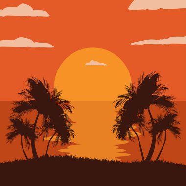 Tropikal adada siluet palmiye ağaçları ile sakin okyanusun üzerinde canlı gün batımı
