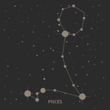 Kutsal Balık burcunun burç yıldızı karanlık gece gökyüzünde parlayan yıldızlarla parlıyor.