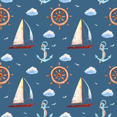 Suluboya deniz işaretleri deseni. Çeşitli deniz fenerleri, çapa ve martıları olan kusursuz bir doku..