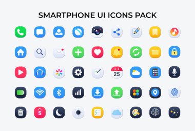 Akıllı Telefon UI Simgeleri Paketi. Tarzlı arka planlara sahip tutarlı akıllı telefon kullanım simgeleri. Tamamen düzenlenebilir.