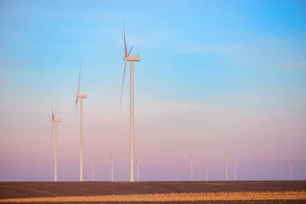 Eolian Turbinák Park Sunet Meleg Fény Szélenergia Fogalma — Stock Fotó