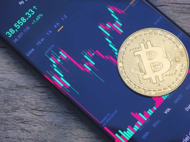 Bitcoin hisse senedi. Çizelge bitcoin 'in fiyatını gösteriyor. Sanal varlıklara yatırım yapmak, kripto para birimi konsepti. Tablolar ve bitcoin altın paralarla yatırım platformu