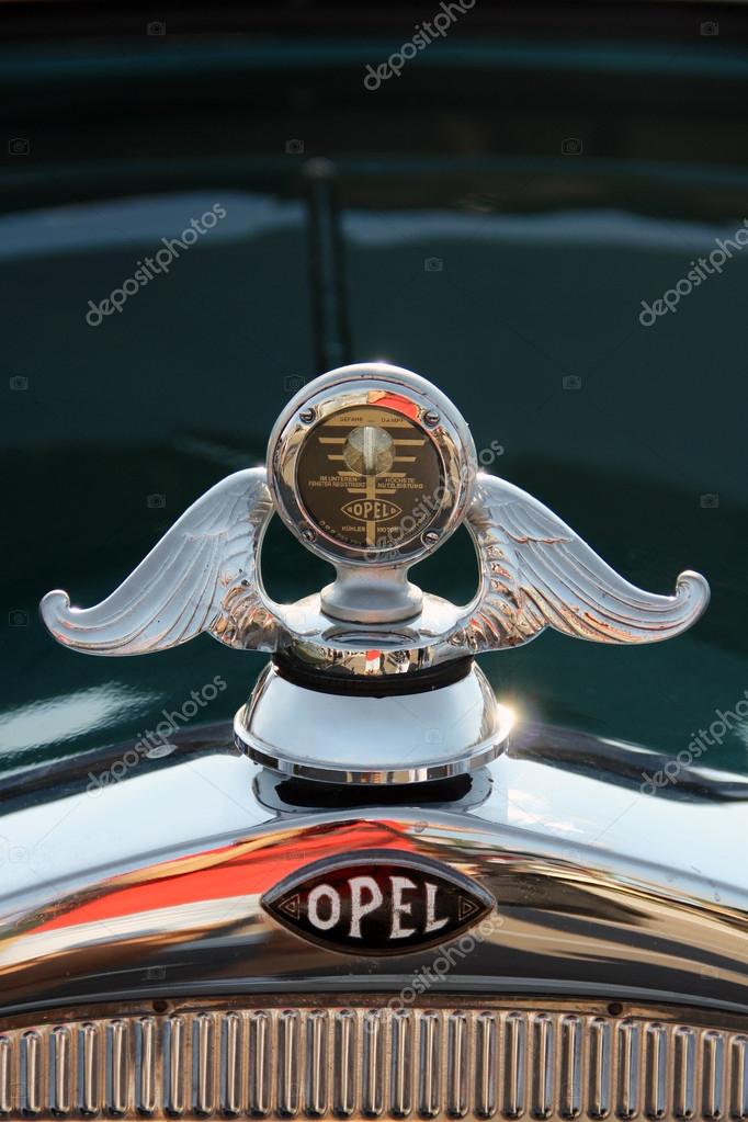 JULY, 2015, NOVI SAD, SERBIA, Exhibition of classic oldtimer cars. Closeup of Opel vintage sign.