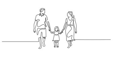 Yürüyen ve el ele tutuşan bir ailenin çizimi. Birlik, sevgi ve birlikteliği temsil eden basit bir illüstrasyon. Düzenlenebilir vuruşla sürekli tek elle çizilmiş Vektör illüstrasyonu.