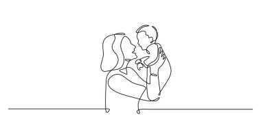 Anne ve bebek portresi sürekli çizgi çiziyor. Yüzleri birbirine yakın, elleri minimalist tarzda çizilmiş hassas bir an. Annelik sevgisi, bağlantı ve annelik bağının sembolü..