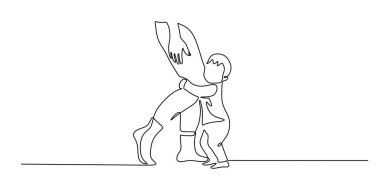 Anne bacağına sarılan bir çocuğun çizimi. Aile güveni, sevgi ve çocukluk güvenlik kavramları için basit, kesintisiz çizgi sanatı. Vektör illüstrasyonu beyaz arkaplanda izole edildi.