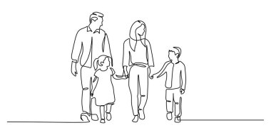 Aralıksız bir sanat tarzında birlikte yürüyen bir aile. Aile yolculuğu ve birliktelik kavramı. Minimalist vektör silüeti çizimi.