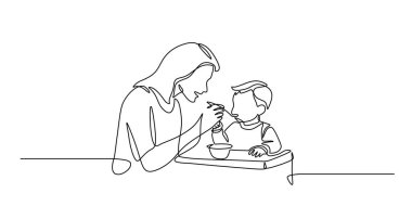 Anne bebeğini sürekli çizimlerle besliyor. Yetiştirme, ebeveynlik ve annelik kavramı. Minimalist vektör çizimi beyaz arkaplanda izole edildi.