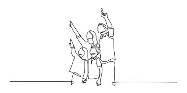 Yıldızları tek sıra çizerek izleyen bir aile. Birlikteliği, ortak hayalleri ve bağlantıyı sembolize eden illüstrasyon konsepti. El çizimi minimalist vektör çizimi.