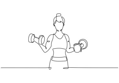 Bir kadın biseps kıvrımlı çizgi çizmek için dambılı kaldırıyor. Fitness, beden eğitimi ve dayanıklılık eğitimi konsepti. Vektör illüstrasyonu minimalist tasarım el çizimi.