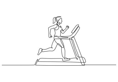 Bir çizgi çizerek koşu bandında koşan bir kadın. Kardiyo egzersizini, spor salonunu ve aktif yaşam tarzını temsil eden vektör çizimi. Minimalist el çizimi sembolü.