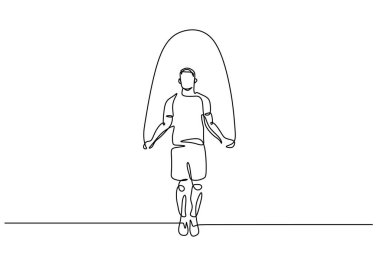 İp atlayan bir adamın minimalist çizimi. Basit bir kardiyo egzersizi, fitness eğitimi ya da atletik performans konsepti. Vektör illüstrasyonu beyaz arkaplanda izole edildi.