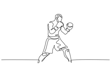 Dövüş pozisyonunda boksör sürekli çizgi çekiyor. Güç, eğitim ve dövüş sporları konsepti. Vektör illüstrasyonu minimalist tasarım el çizimi.