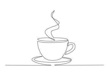 Sıcak fincanı buharla çizen minimalist bir çizgi. Kafe, içecek ya da sabah kahvesi kavramları için basit kesintisiz çizgi sanatı. Vektör illüstrasyonu beyaz arkaplanda izole edildi.