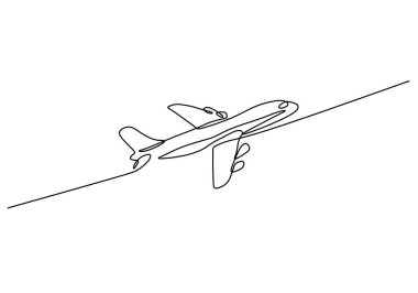 Uçan bir uçağın minimalist çizimi. Seyahat, turizm ya da havacılık kavramları için basit kesintisiz çizgi sanatı. Vektör illüstrasyonu beyaz arkaplanda izole edildi.