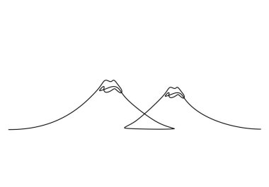 Dağ sıraları sürekli çizgiler çiziyor. Minimalist tarzda çizilmiş iki tepe ve yamaçla. Macera, seyahat ve keşif vektörü illüstrasyonunun sembolü.