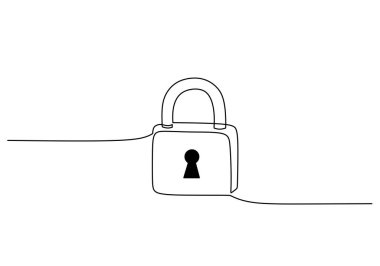Devamlı tek çizgi çizen bir asma kilit. Güvenlik, dijital güvenlik ve veri korumasını temsil eden vektör çizimi. Minimalist el çizimi sembolü.
