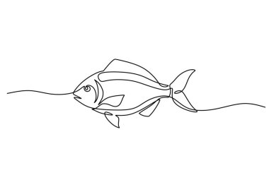 Bir balığın kesintisiz tek bir çizgisi. Balıkçılık, deniz ürünleri ve deniz hayatı konsepti. Vektör illüstrasyon ve element kullanımı için basit bir tasarım.