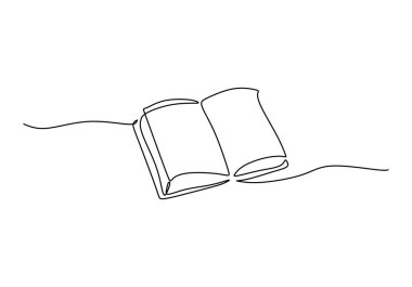 Açık bir kitabın minimalist bir çizimi. Eğitim, bilgi ya da edebiyat kavramları için basit kesintisiz çizgi sanatı. Vektör illüstrasyonu beyaz arkaplanda izole edildi.