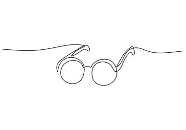 Bir çizim yapan güneş gözlüğü. İki yuvarlak mercek ve eğri bir köprüyle, el yazısı minimalist tarzda çizilmiş. Yaz, tatil ve moda sembolü.