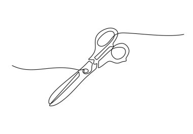 Bir makasın kesintisiz tek çizgi çizimi. El işi, ofis ve kırtasiye aleti konsepti. Vektör illüstrasyon ve element kullanımı için basit bir tasarım.