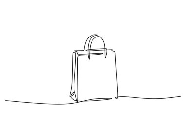 Minimalist bir alışveriş torbası çizimi. Perakende, ticaret ya da satış kavramları için basit kesintisiz çizgi sanatı. Vektör illüstrasyonu beyaz arkaplanda izole edildi.