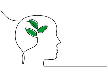 Büyüyen bir bitkiyle insan kafasının kesintisiz bir çizimi. Zihinsel gelişimin, olumlu düşüncenin ve refahın sembolü. Düzenlenebilir felçli minimalist vektör çizimi.