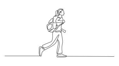 Sırt çantalı bir üniversite öğrencisinin minimalist çizimi. Okula dönüş ya da eğitim yolculuğu kavramları için basit kesintisiz çizgi sanatı. Vektör illüstrasyonu beyaz arkaplanda izole edildi.