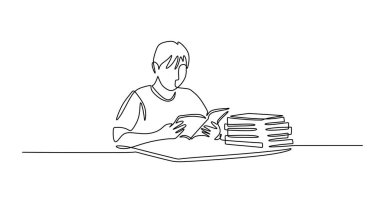 Minimalist bir satırda kitap okuyan iki çocuğun çizimi. Okur yazarlığı, eğitimi ve arkadaşlığı temsil eden basit bir illüstrasyon. Düzenlenebilir darbeyle sürekli tek el çizimi.