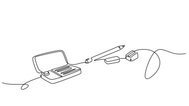 Okul kırtasiyesi kalem kutusunda bir çizgi çiziyor. Okula dönmek ve eğitim malzemeleri konsepti. Düzenlenebilir vuruş ile basit vektör illüstrasyonu.