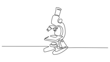 Laboratuvar mikroskobunun bir çizimi. Araştırma ve keşfi sembolize eden örnek slaytlı bilimsel bir araç. Düzenlenebilir darbeyle tek bir sürekli özet.