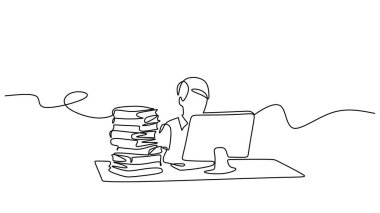 Bilgisayar masasında sürekli çizim yapan bir öğrenci. E- öğrenmeyi, dijital eğitimi ve çevrimiçi çalışmayı temsil eden vektör illüstrasyonu. Minimalist el çizimi sembolü.