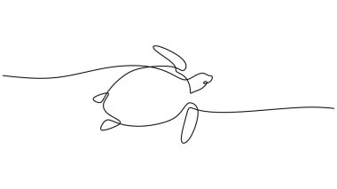 Bir Deniz Kaplumbağasının sürekli tek bir çizgi çizerek yüzüşünün vektör çizimi. Minimalist el çizimi beyaz arkaplanda izole edilmiş grafik.