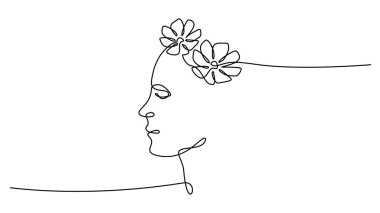 Vektör illüstrasyon zihinsel sağlık ve pozitif düşünce. Sürekli tek bir çizgi, refah ve büyümenin sembolü olan beyni ve çiçekleri olan bir insan kafasını gösteriyor..