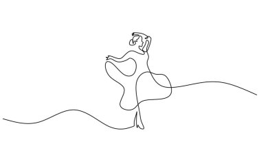 İspanyol performansının zarif bir tek satırlık çizimi. Geleneksel elbiseli bir flamenko dansçısı. Vektör illüstrasyonu basit.