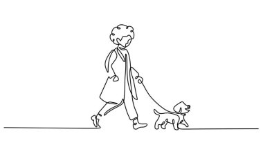 Evcil köpeğiyle gezen bir kadın, sürekli çizim tarzında. Açık hava arkadaşlığının vektör illüstrasyon kavramı.