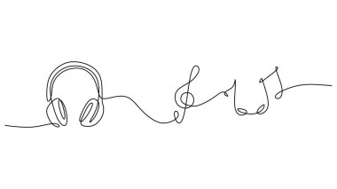 Aralıksız çizim müzik notalı kulaklıkları gösterir, müzik listesini, podcast 'i veya yaratıcı bir oturumu sembolize eder. Ses eğlence konseptinin vektör illüstrasyonu.