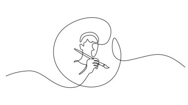 Yaratıcılık, sanat ve hobi kavramı. Sürekli bir çizim, bir ressamın elinin fırça tutmasını gösteriyor. Basit bir sanat sembolü..