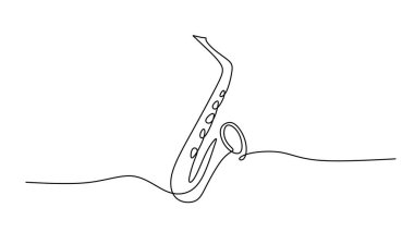 Minimalist tek satırlık saksafon sanatı. Pirinç enstrümanın bir çizimi, caz müziği, konserler veya canlı performans konsepti.