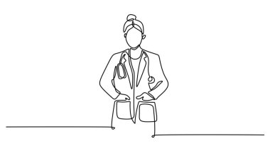 Bir tıp uzmanının kesintisiz çizimi. Steteskoplu bir kadın doktor ya da hemşire..