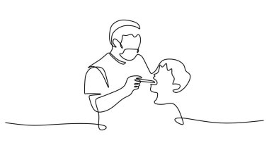 Diş hekiminde muayene edilen tatlı çocuk. Aralıksız bir çizgi çizim biçimi, beyaz arkaplanda izole edilmiş vektör çizimi.