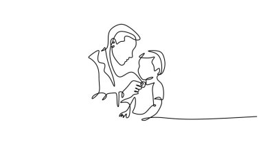 Pediatrik bakım konseptinin sürekli çizimi, yeni yürümeye başlamış bir çocuğun kalp atışlarını kontrol eden bir erkek doktor. Vektör illüstrasyon minimalisti.