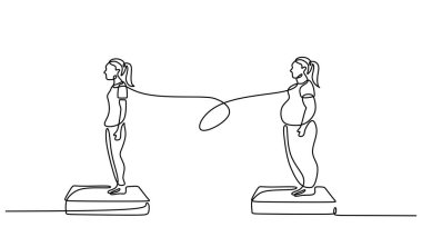 Minimalist tek sıra vücut değiştirme sanatı. Zayıftan zayıfa, diyet ve zindelik kavramına, sağlıklı bir yaşam tarzının vektör illüstrasyonuna ve kişisel başarısına kadar..