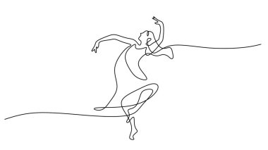 Zarif Kadın Dansçı Bir Çizgi Sanatı, hareketin güzelliğini temsil eden zarif bir taslak. Minimalizm vektör illüstrasyonu.