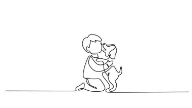 Devamlı bir sanat eseri küçük bir çocuğun yavru köpeğe sarılmasını içeriyor, mutluluk ve ilgi kavramı. Çocukluk arkadaşlığı ve koşulsuz sevgi. Vektör illüstrasyon minimalisti.